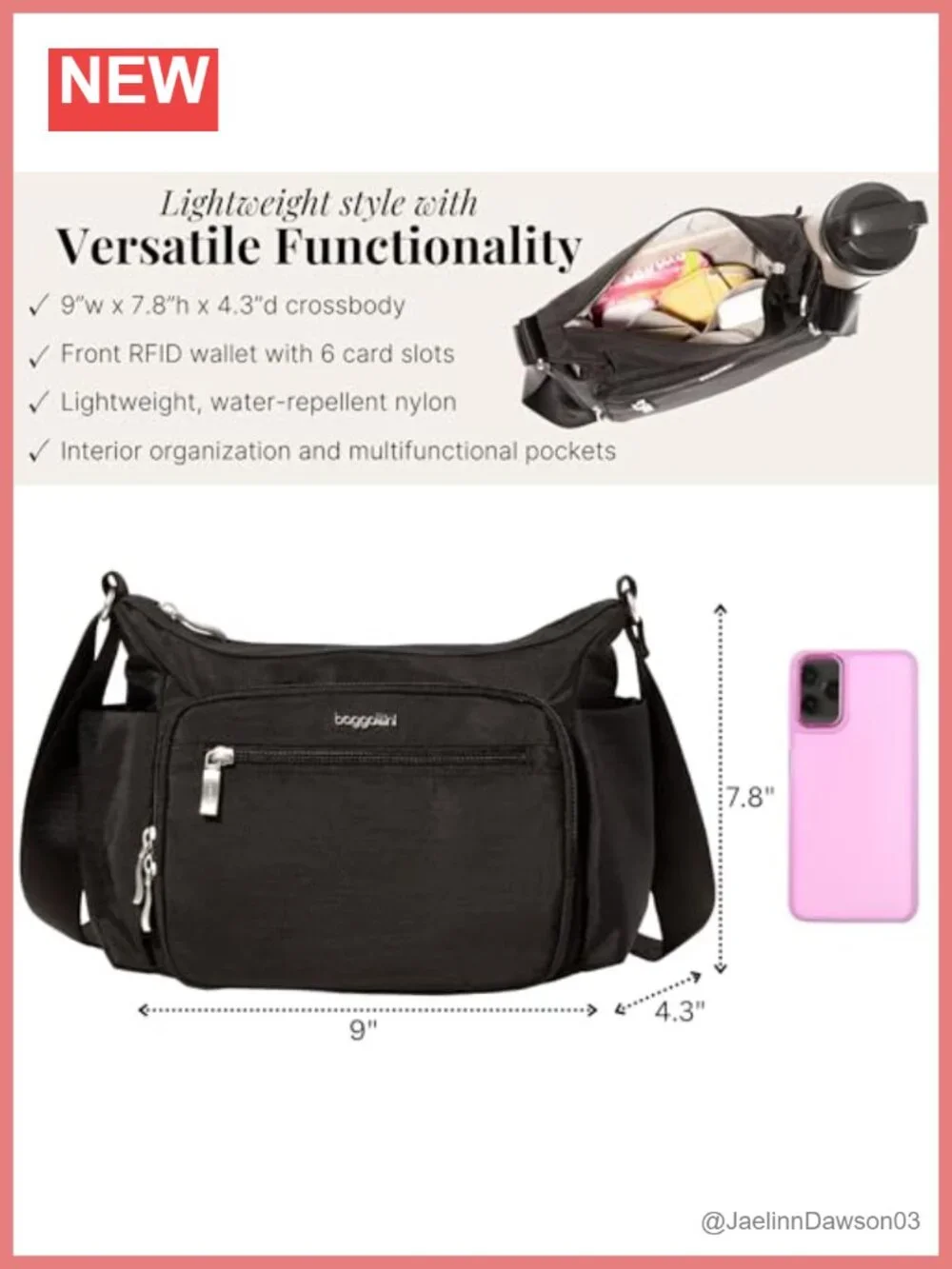 Baggallini Crosstown Hobo Crossbody Bag RFID Protection Nylon